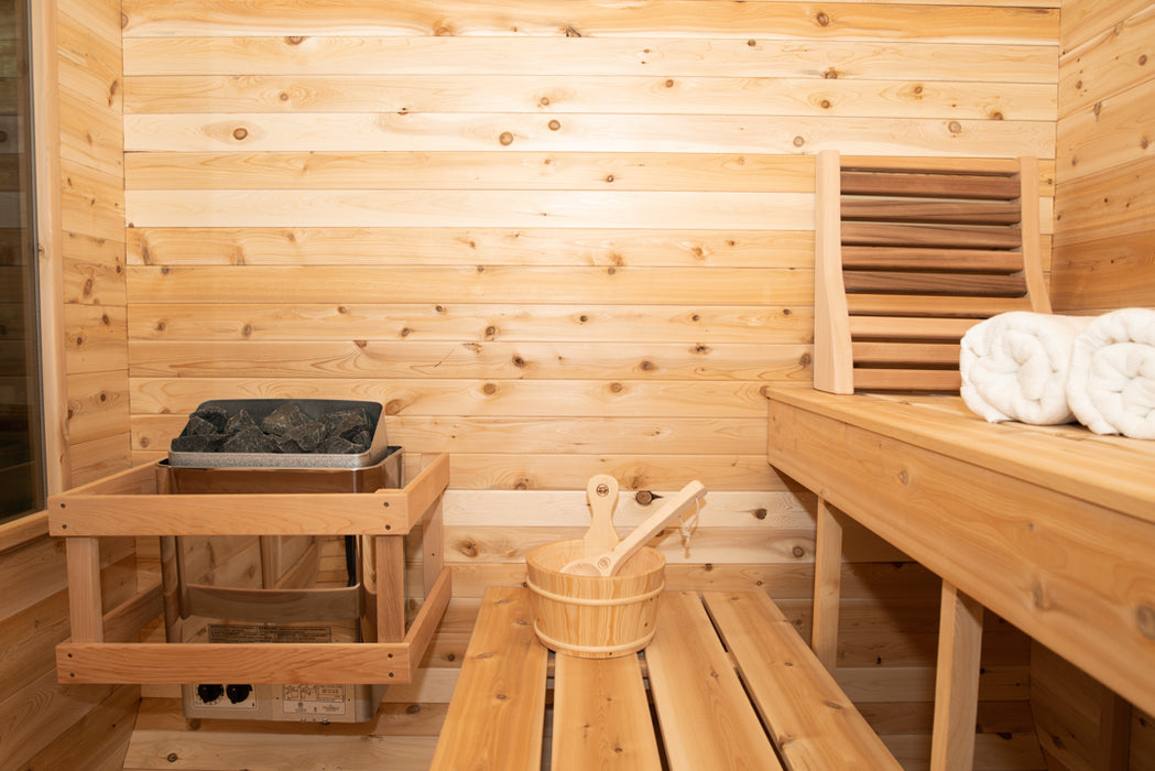 Dundalk Leisurecraft Luna Sauna White Cedar Incl. L-shape two tier benches.